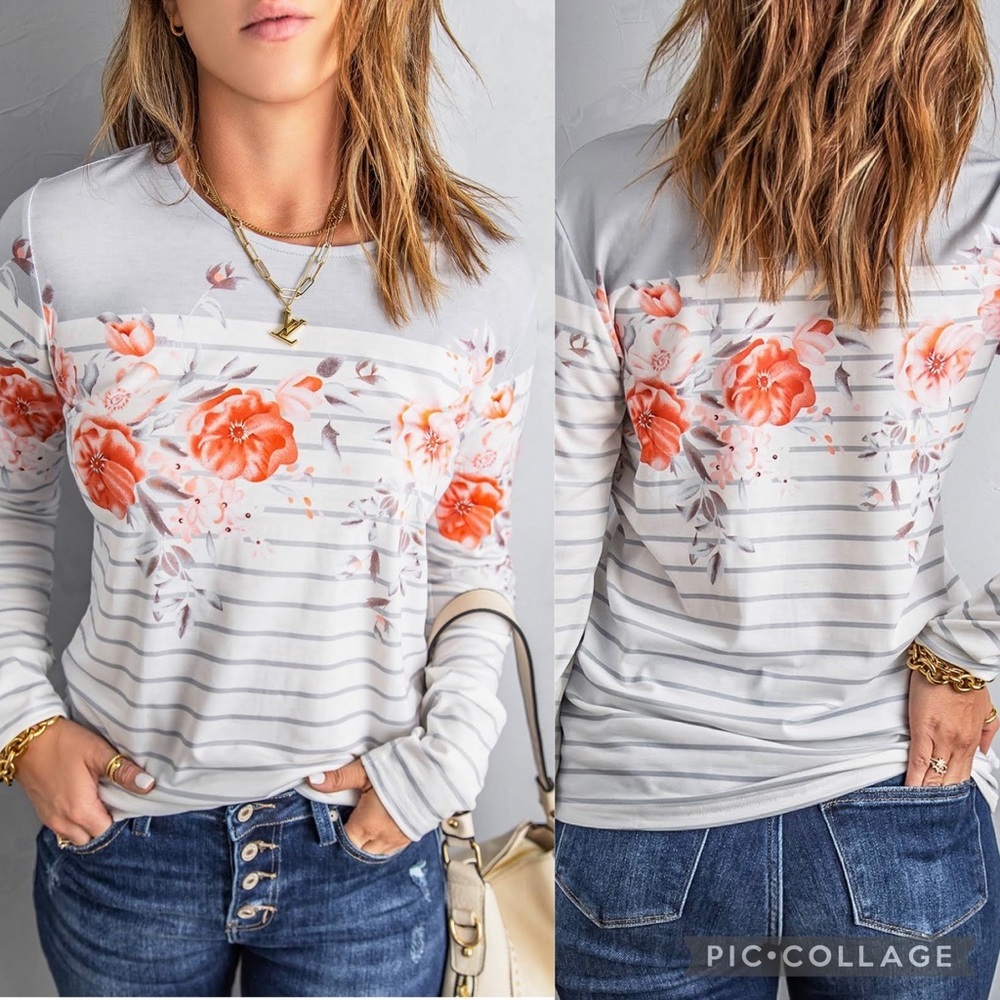 GREY Stripes Floral Print Crew Neck Long Sleeve Shirt